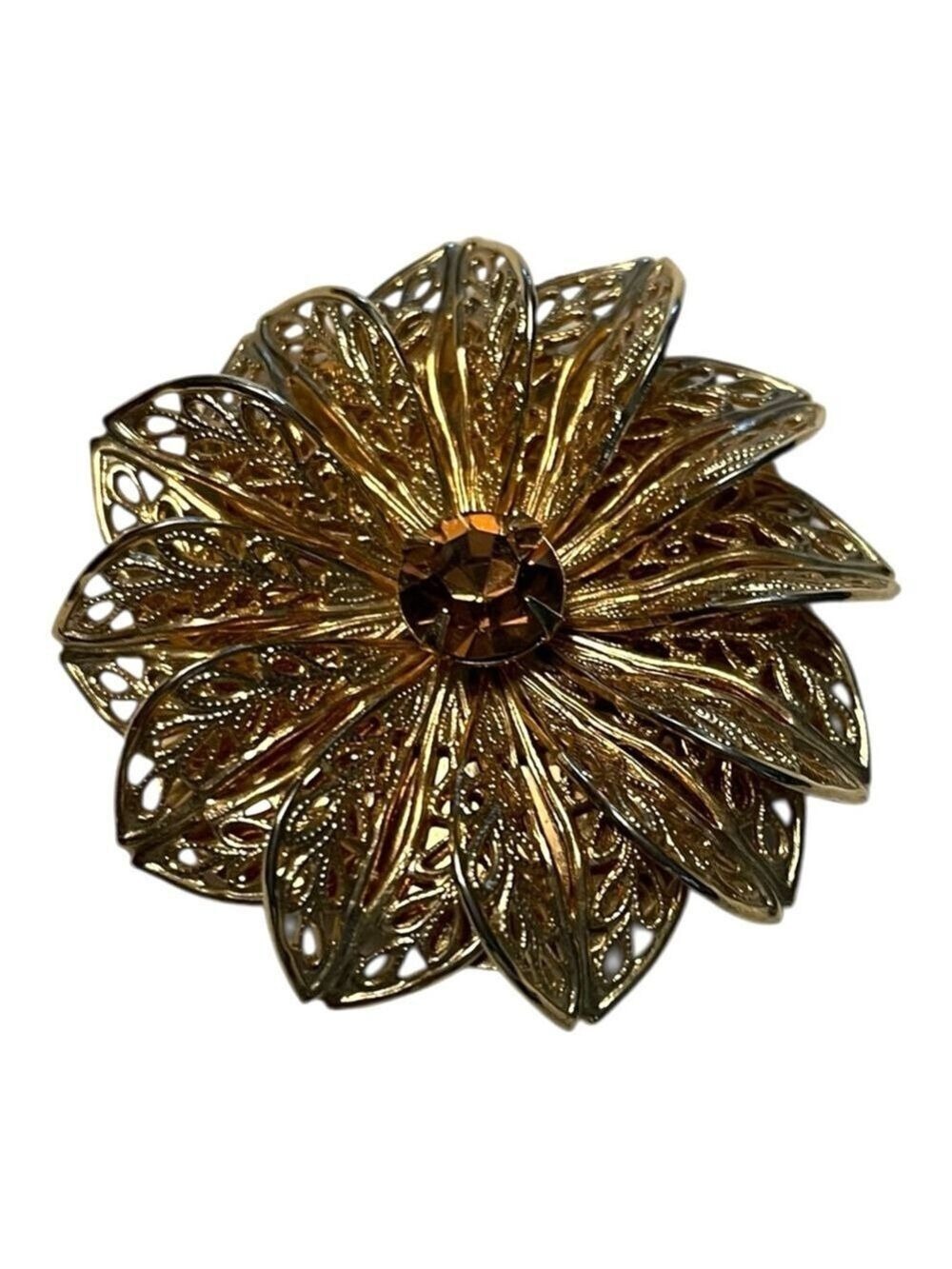 Lieba USA Gold Filigree Vintage Scarf Clip, Gold-Tone, Amber Stone, MCM Stunning